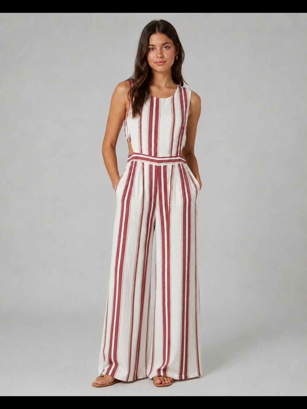 Japna Womens Red and White Striped Sleeveless Pants Jumpsuit Size M